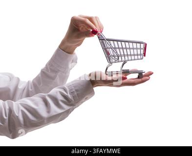 La mano tiene il carrello della spesa su uno sfondo bianco Foto Stock