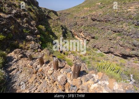 Un escursionista solitario che scende un sentiero roccioso in una gola vulcanica a Tenerife nelle Isole Canarie Foto Stock