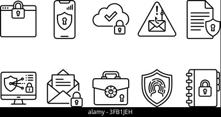 Set di icone lineari per la protezione della privacy delle informazioni e la sicurezza dei file con serrature a scudo e chiavi di sicurezza digitali. Illustrazione Vettoriale