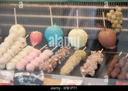 Selezione di dolcetti colorati, frutta candita e dessert al cioccolato esposti su uno stand tradizionale di fiera. Foto Stock