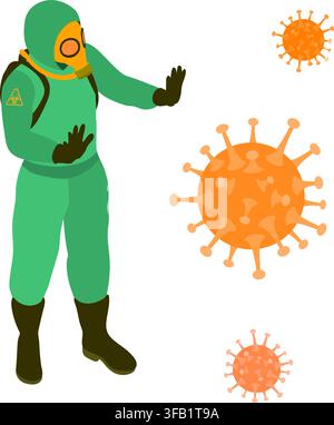 Covid-19 Coronavirus. Medico in tuta protettiva chimica e maschere antigas ferma il coronavirus. Quarantena dall’epidemia di Covid-19. Isolamento Illustrazione Vettoriale