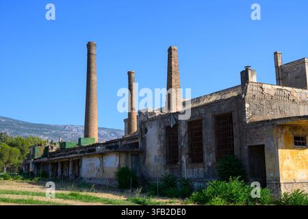 Goudi, Grecia - 18 luglio 2026: Edificio abbandonato di una fabbrica di pane dell'esercito nel parco di Goudi Foto Stock