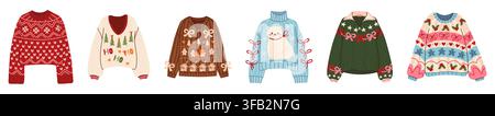 Set di maglioni invernali carini con motivi festivi Fair Isle e nordici, motivi natalizi, texture di maglia accoglienti, fiocchi, fiocchi di neve, alberi, pan di zenzero e Illustrazione Vettoriale