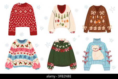 Set di maglioni invernali carini con motivi festivi Fair Isle e nordici, motivi natalizi, texture di maglia accoglienti, fiocchi, fiocchi di neve, alberi, pan di zenzero e Illustrazione Vettoriale