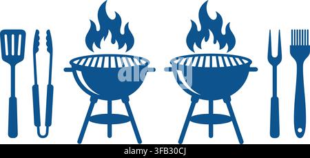 Icone per una stazione di barbecue all'aperto con silhouette blu di griglie al carbone, fiamme, spatole, pinze, forchette e pennelli per olio. Illustrazione Vettoriale