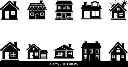 Set di icone nere di case con vari stili architettonici e design esterni per immobili e proprietà residenziali. Illustrazione Vettoriale