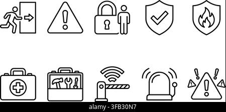 Icone di linea per la sicurezza e la protezione con segnale di avvertimento per l'uscita di emergenza, lucchetto, guardia, scudo, kit di pronto soccorso e campanello d'allarme. Illustrazione Vettoriale