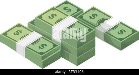 Pila di banconote verdi isometriche con fasce bianche per decorazione del concetto di risparmio del budget bancario. Illustrazione Vettoriale