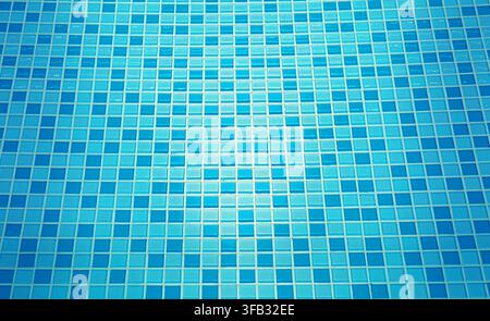 Piastrelle a mosaico blu che formano un motivo su una parete della piscina, riflettendo la luce Foto Stock