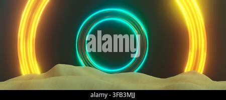 Neon giallo e blu che brilla nel deserto vuoto, forma circolare, concetto fantasy, concetto futuristico, rendering 3D. Foto Stock