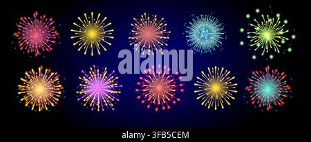 Una scena affascinante di fuochi d'artificio colorati che esplodono su uno sfondo scuro, creando un'atmosfera incantevole e festosa per le celebrazioni. Illustrazione Vettoriale