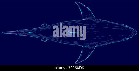 Un contorno di uno squalo bianco grande in blu profondo con pinne e coda dettagliate su uno sfondo blu chiaro solido. Il potente predatore marino è isolato f Illustrazione Vettoriale