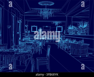 Una piantina in wireframe di un interno di ristorante presenta tavoli, sedie, cornici per pareti e un lampadario centrale. Illustrazione Vettoriale