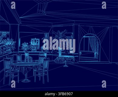 Una piantina in wireframe di una sala da pranzo di un ristorante, con un tavolo centrale con sedie, piante decorative e altri arredi essenziali. Illustrazione Vettoriale