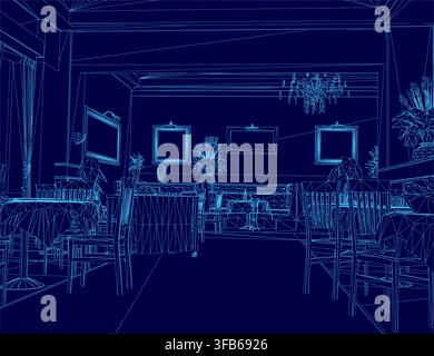 Una piantina in wireframe dell'interno di un ristorante che mostra tavoli, sedie, cornici murali e un lampadario centrale. Illustrazione Vettoriale
