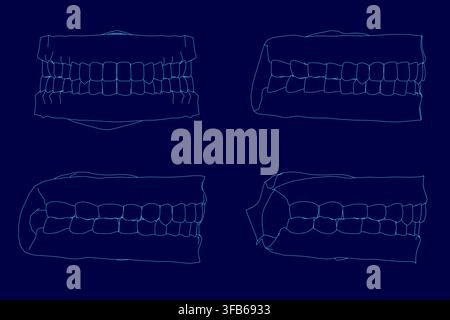 Quattro denti umani distinti con disegni di linee di contorno su uno sfondo blu intenso. Ogni dente ha una forma e una dimensione uniche per un confronto visivo chiaro. Illustrazione Vettoriale
