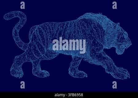 Un modello di tigre in wireframe 3D ruggisce potentemente su uno sfondo blu solido, costruito da intricate linee geometriche e forme poligonali. Illustrazione Vettoriale