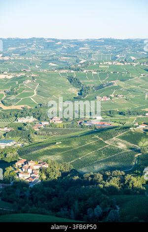 Paesaggio panoramico di vigneti delle colline di Langhe Piemonte Italia estate Foto Stock