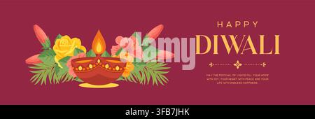 Banner orizzontale Diwali felice con Diya e fiori Illustrazione Vettoriale