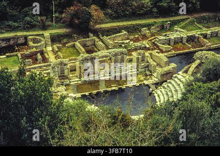 Vista aerea delle rovine di un antico teatro romano parzialmente allagate, circondate da vegetazione lussureggiante. Parco archeologico nazionale di Butrint, Albania, Europa Foto Stock