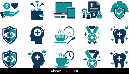 Set di icone blu e turchesi per i benefici dei dipendenti per la rappresentazione grafica dell'assistenza sanitaria, assicurazione medica e finanziaria delle imprese. Illustrazione Vettoriale