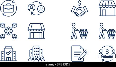 Valigetta con frecce circolari e icone di persone e una stretta di mano con icone di dollari e di edifici commerciali. Illustrazione Vettoriale