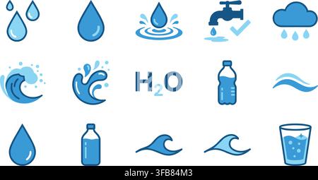 Set di icone a goccia d'acqua pura e onde con bottiglie di bevande blu e simboli di schizzi per concetti di etichette di aziende di bevande. Illustrazione Vettoriale