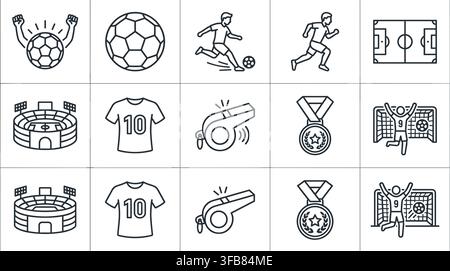Icone vettoriali in arte lineare di calcio per siti web di notizie sportive, applicazioni di gioco e promozioni di eventi di campionato. Illustrazione Vettoriale