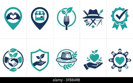 Set di icone per imprese sostenibili e responsabilità sociale con elementi blu e verde acqua per progetti comunitari e verdi. Illustrazione Vettoriale