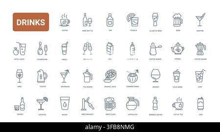 Simboli vari di bevande e bibite con caffè, tè, birra, vino, cocktail, succo, latte e acqua per il design di menu, caffè e bar, set di icone lineari nere illustrazione vettoriale Illustrazione Vettoriale