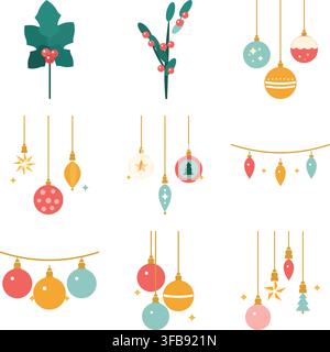 Set vettoriale piatto di ornamenti natalizi, palline, agrifoglio e vischio su sfondo bianco Illustrazione Vettoriale