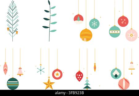 Illustrazione vettoriale piatta di ornamenti natalizi appesi, palline, stelle e rami di pino su sfondo bianco Illustrazione Vettoriale
