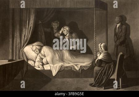 Una stampa storica intitolata Ultimi momenti di Washington, che raffigura la morte del presidente degli Stati Uniti George Washington sul suo letto di morte a Mount Vernon il 14 dicembre 1799. Washington giace pacificamente sul suo letto di morte, circondato da persone in lutto, tra cui medici e membri della famiglia. Si tratta di una riproduzione autentica, restaurata digitalmente, di un originale del XIX secolo, un pezzo di storia americana. La data esatta della stampa è sconosciuta. Foto Stock