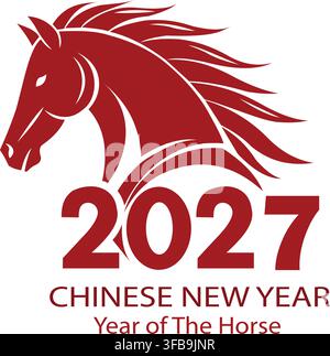 Capodanno cinese 2027 anno del cavallo stallone rosso silhouette simbolo logo modello vettoriale per il calendario lunare set di branding per le festività. Illustrazione Vettoriale