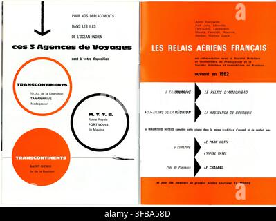 Una pagina di testo stampato del 1961 che elenca agenzie di viaggio e collegamenti aerei nelle isole francesi dell'Oceano Indiano, inclusi Transcontinents a Madagascar, Mauritius e Réunion. Foto Stock