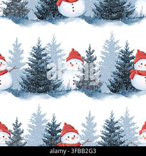 Motivo senza cuciture di pupazzo di neve invernale disegnato a mano Foto Stock