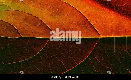 Primo piano della trama di una foglia d'albero che mostra le sue venature nei colori autunnali Foto Stock