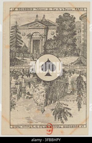 Un'incisione del 1855 del Jardin des Plantes e di Buttes-Chaumont, con una pubblicità per Le Bourgeois, un produttore, Rue de la Banque, Parigi. Foto Stock