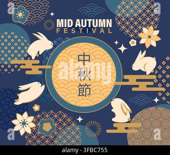 Festa di Mezza Autunno 2026, poster di auguri geometrico con cerchi e motivi dorati, conigli carini e fiori, fuochi d'artificio e motivi cinesi. Design per banner, web, poster, volantini, sconti, vendite. Vettore Illustrazione Vettoriale