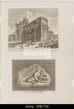 Un'incisione del XVIII secolo dell'Arco di Settimio Severo a Roma, Italia, con un bassorilievo e monumenti vicini, tra cui la Chiesa di San Martino e la Tomba di Saturno, pubblicata nel 1761, incisa. Foto Stock