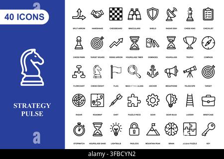 Una raccolta completa di quaranta icone in linea artistica per il business e la strategia, per la pianificazione e la gestione professionale. Illustrazione Vettoriale