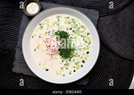 Zuppa fredda servita in ciotola bianca con erbe fresche e verdure Foto Stock