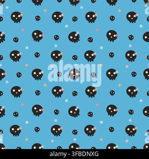 Motivo senza cuciture carino con teschi neri e piccoli fiori pastello su uno sfondo celeste. Design spaventoso giocoso in stile kawaii gotico per Halloween Illustrazione Vettoriale