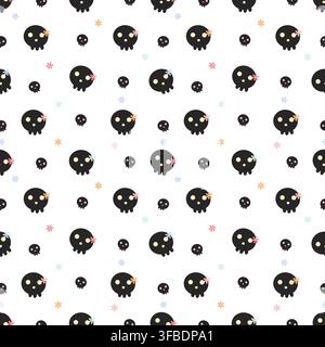Simpatico motivo senza cuciture con teschi neri e piccoli fiori pastello su uno sfondo bianco pulito. Design spaventoso giocoso in stile kawaii gotico per Hallow Illustrazione Vettoriale