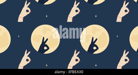 Coniglio ombra fatto con le dita della mano umana con luna piena Festival della Mezza Autunno Banner a motivi senza cuciture. Illustrazione vettoriale isolata Banner multimediale Sfondo per imballaggio, involucro o carta da parati, stampa, tessile Illustrazione Vettoriale