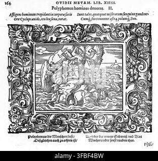 Un'illustrazione a xilografia del 1569 tratta dalle Metamorfosi di Ovidio, libro 19 o 22, che raffigura Polifemo mentre divora esseri umani, con testo latino e tedesco che descrive la scena. Foto Stock