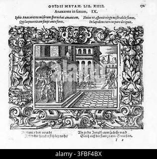 Un'illustrazione xilografica del 1569 tratta dalle Metamorfosi di Ovidio, libro 19, che presenta la storia mitologica di Anassarete e Iphis, dove Anassarete viene trasformata in pietra dopo aver rifiutato l'amore di Iphis. Foto Stock