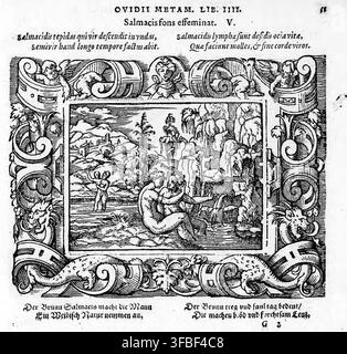 Un'illustrazione a xilografia del 1569 tratta dalle Metamorfosi di Ovidio, libro III, che presenta la storia di Salmacis, una fontana che femminilizza gli uomini, con testo in latino e tedesco. Foto Stock