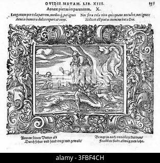 Un'illustrazione a xilografia del 1569 tratta dalle Metamorfosi di Ovidio, libro XIII, che raffigura Enea mentre porta suo padre Anchise, con un'iscrizione latina e una traduzione tedesca. Foto Stock