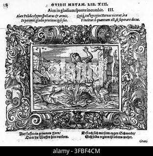 Un'illustrazione a xilografia del 1569 che raffigura Aiace che cade sulla sua spada, tratta dalle Metamorfosi di Ovidio, libro XIII, con testo latino e tedesco che descrive la scena. Foto Stock